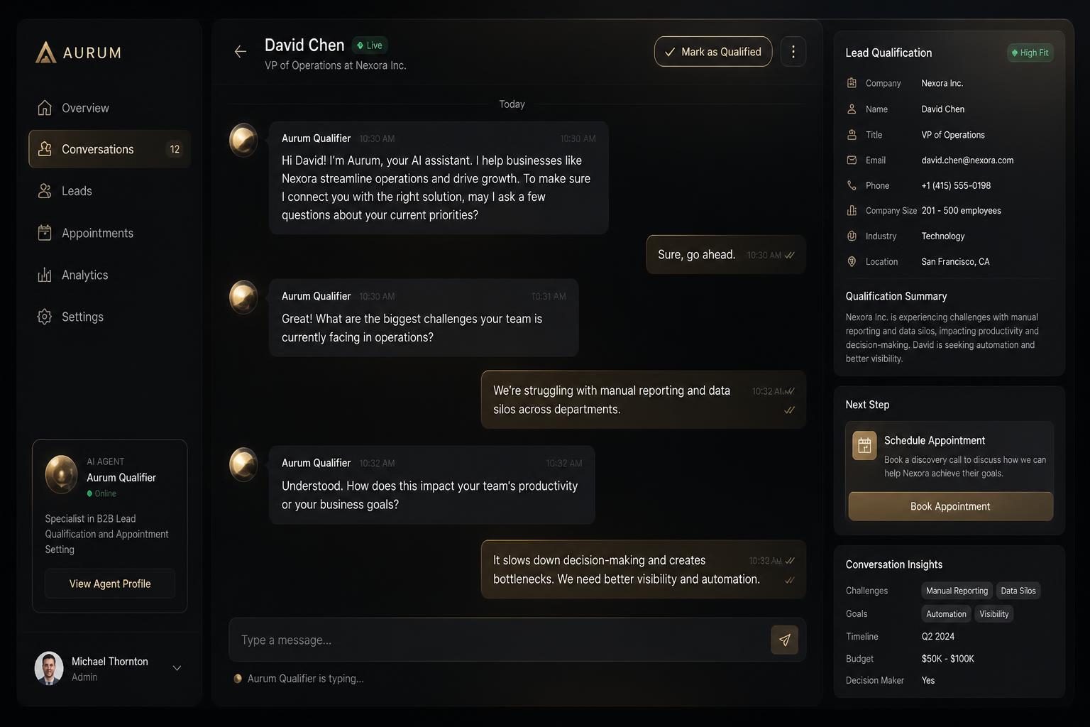 AI agent interface mockup: qualification conversation with a lead summary and appointment booking panel