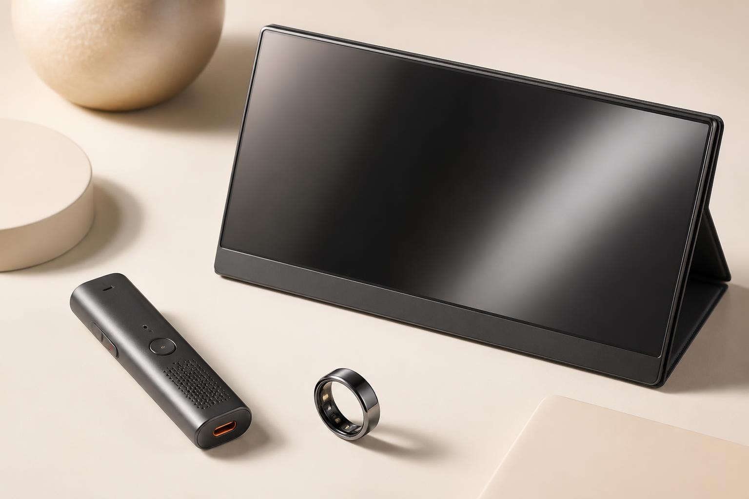 Minimal arrangement of AI gadgets: voice recorder, smart ring and portable monitor