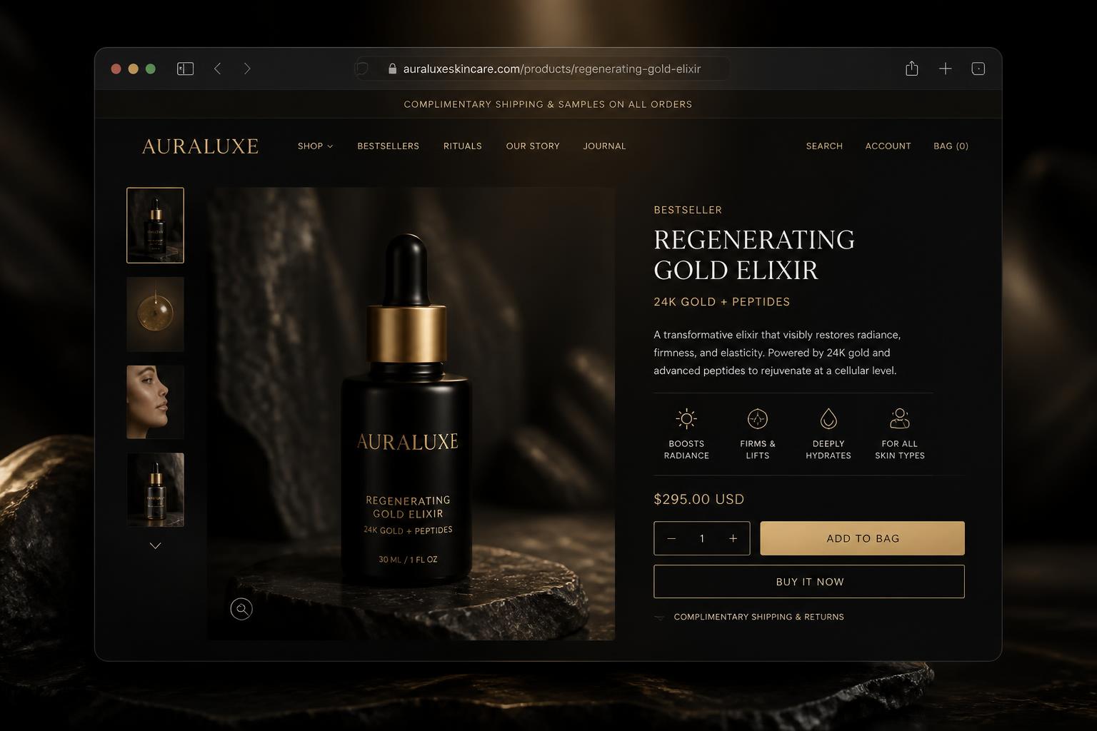 Premium Shopify product page mockup shown in a dark browser window