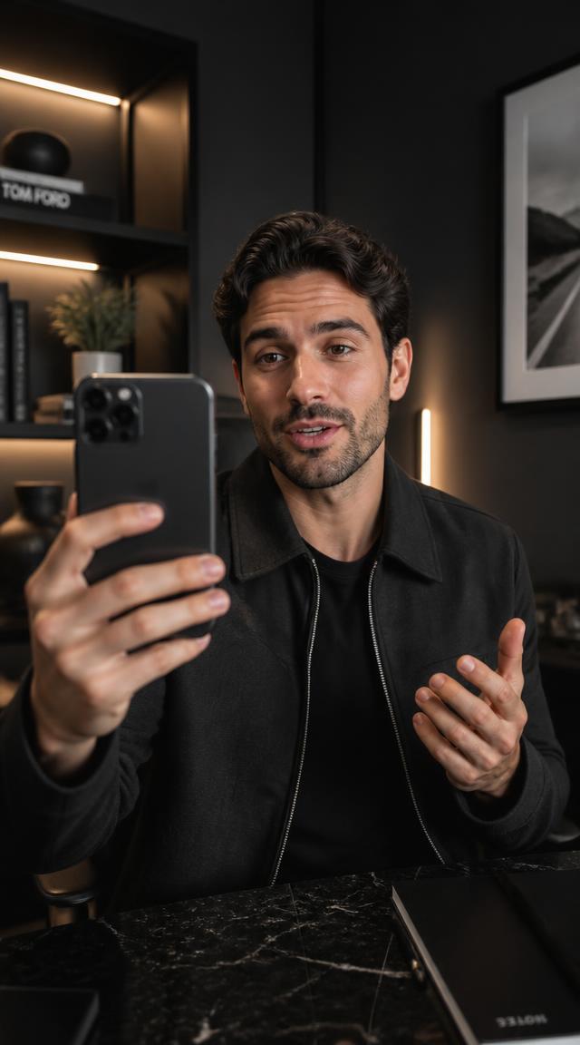 UGC-style advertising frame: creator filming a talking-head ad