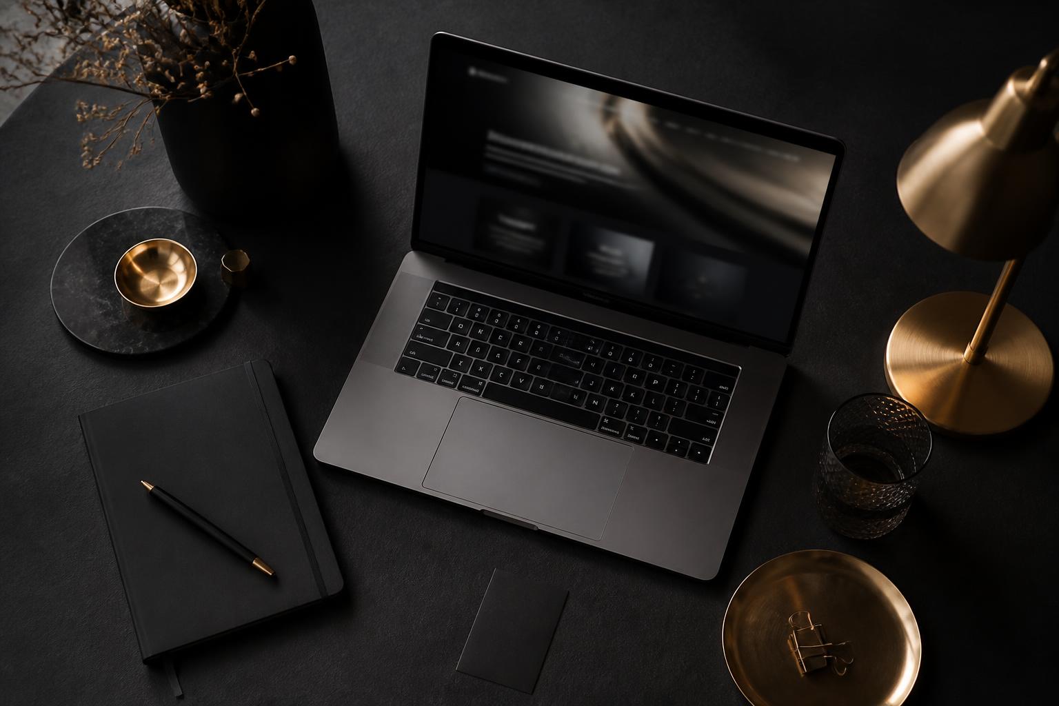 Premium dark website design shown on a laptop in a studio setting